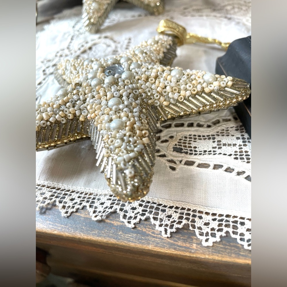 Starfish beaded Christmas tree ornaments coastal French country beach house decr